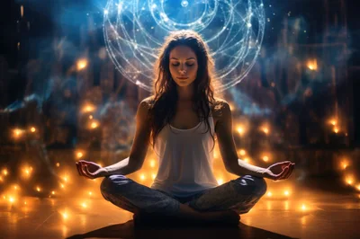 Woman Meditating In Lotus Position With Ethereal Light