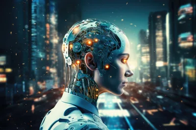 Cyborg Humanoid Head Profile In Futuristic Cityscape