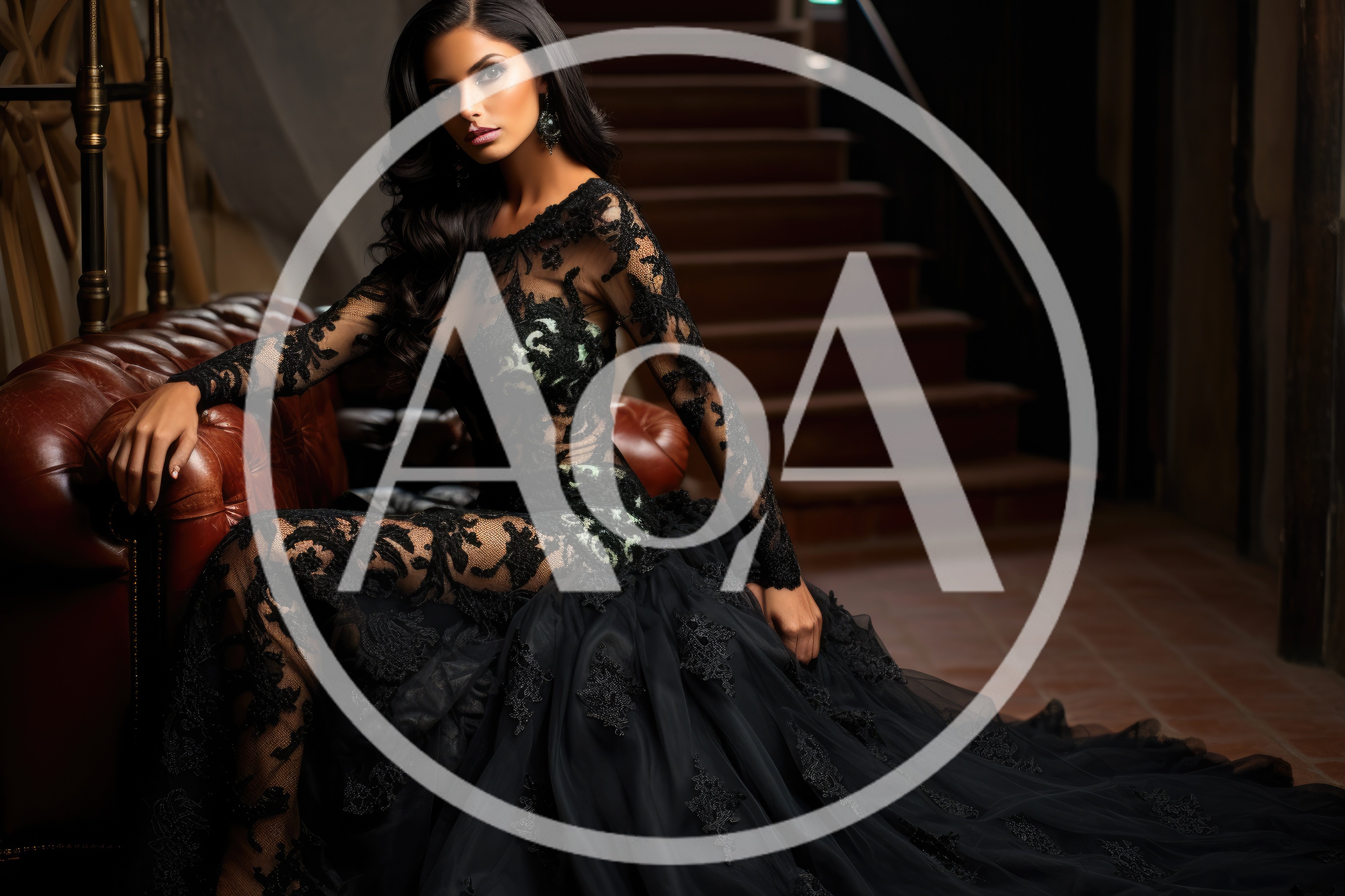 Elegant Woman In Black Lace Gown Sitting On Sofa