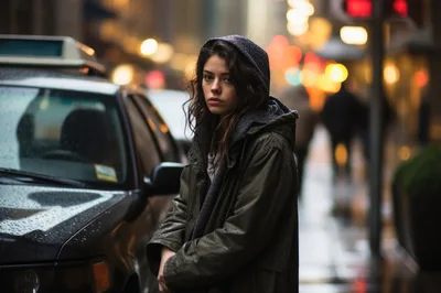 Young Woman Standing By A Taxi In The Rain