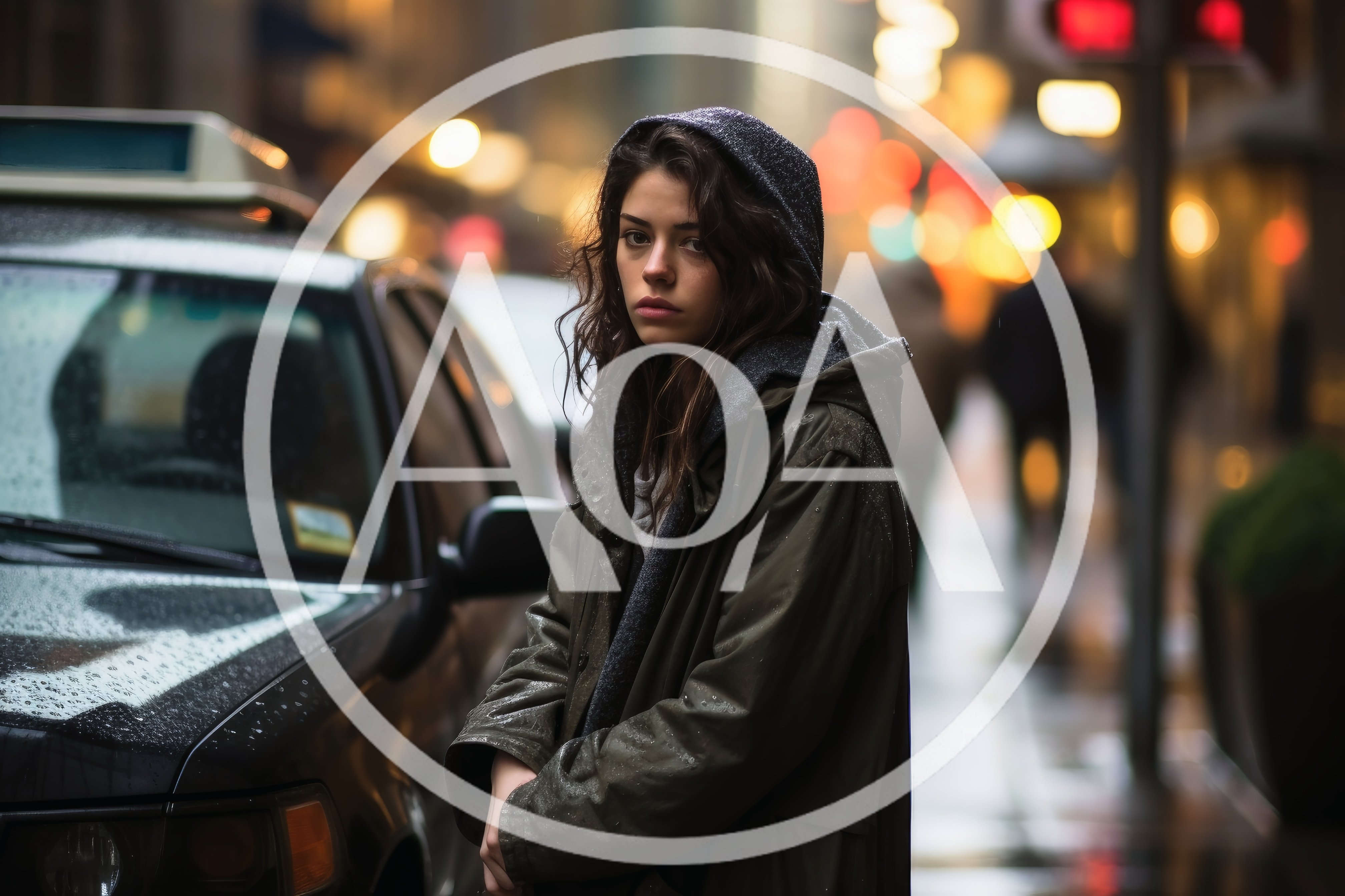Young Woman Standing By A Taxi In The Rain