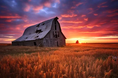 Dilapidated Wooden Barn In A Golden Wheat Field