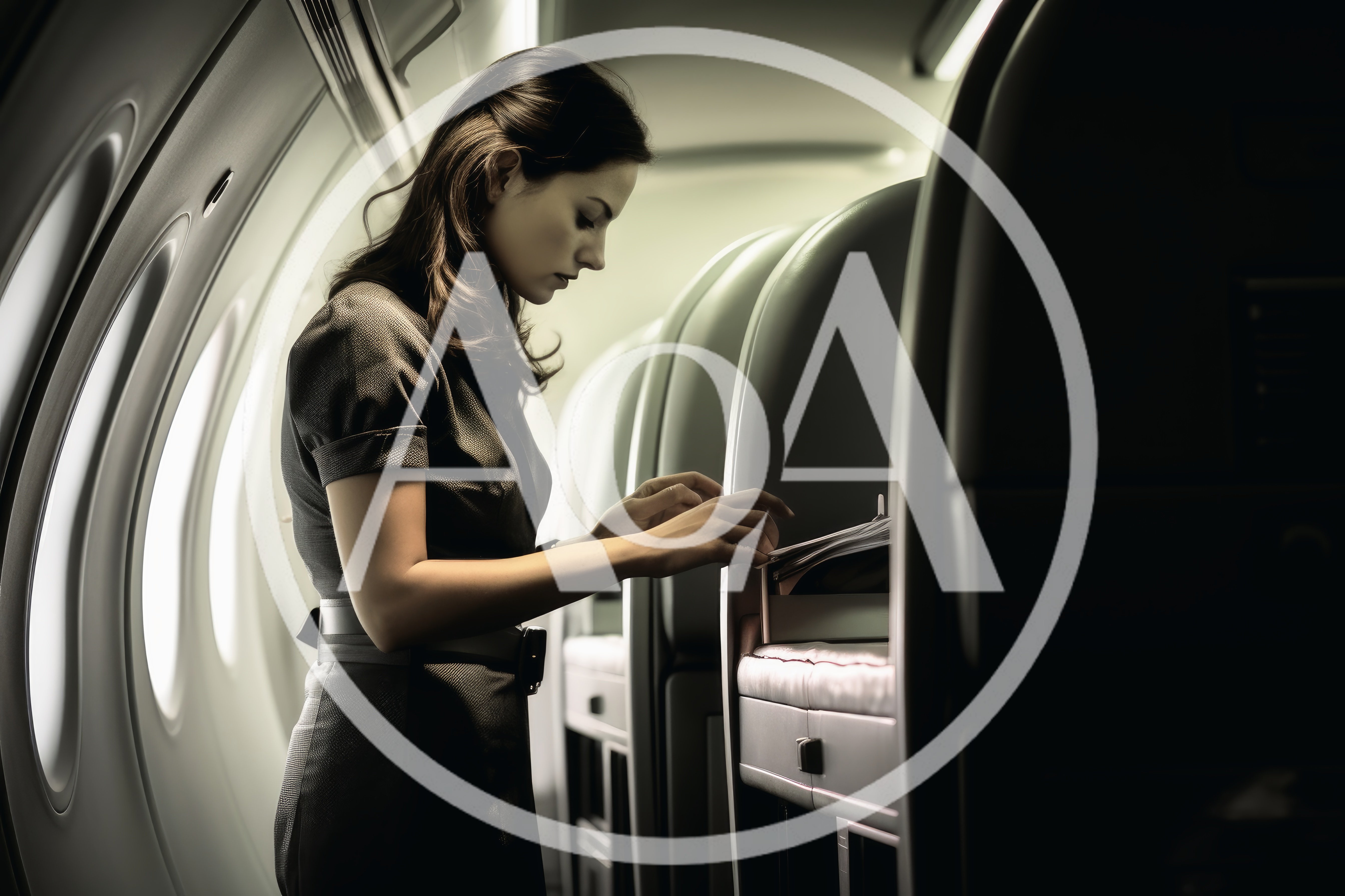 Flight Attendant Organizing Documents In Airplane Cabin