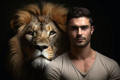 Portrait Of A Handsome Man With A Majestic Lion