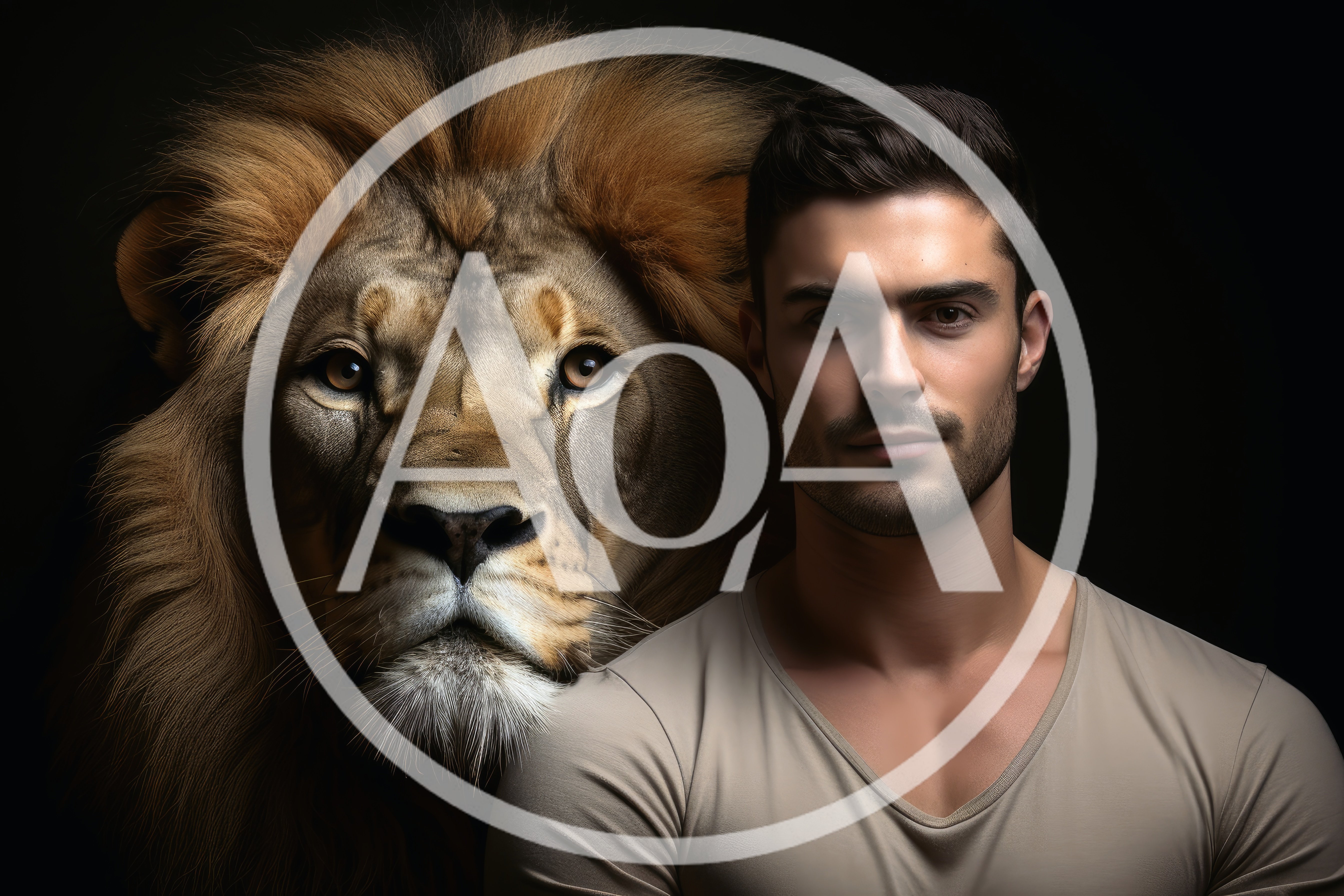 Portrait Of A Handsome Man With A Majestic Lion