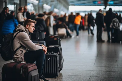 Young Man Sitting On Luggage In Busy Airport Terminal