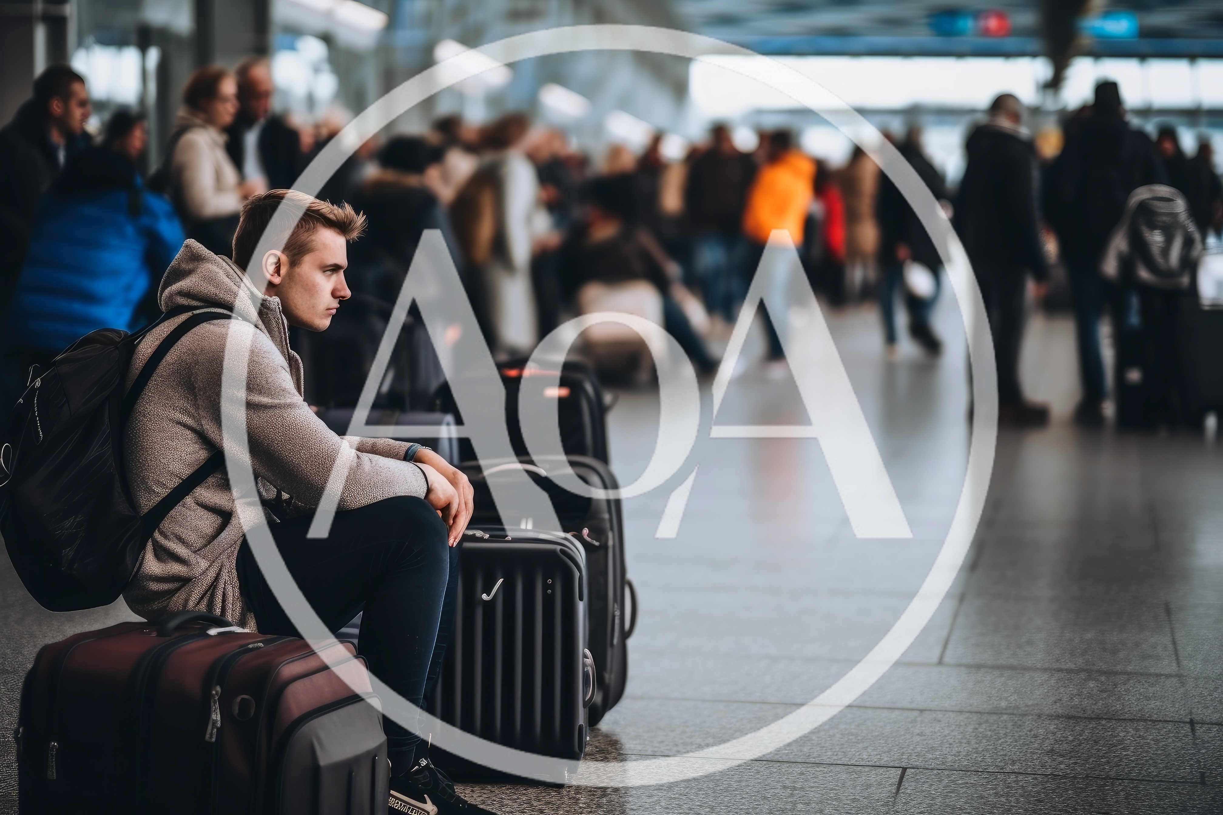 Young Man Sitting On Luggage In Busy Airport Terminal