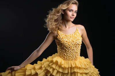 Fashion Model Wearing A Popcorn Texture Yellow Dress