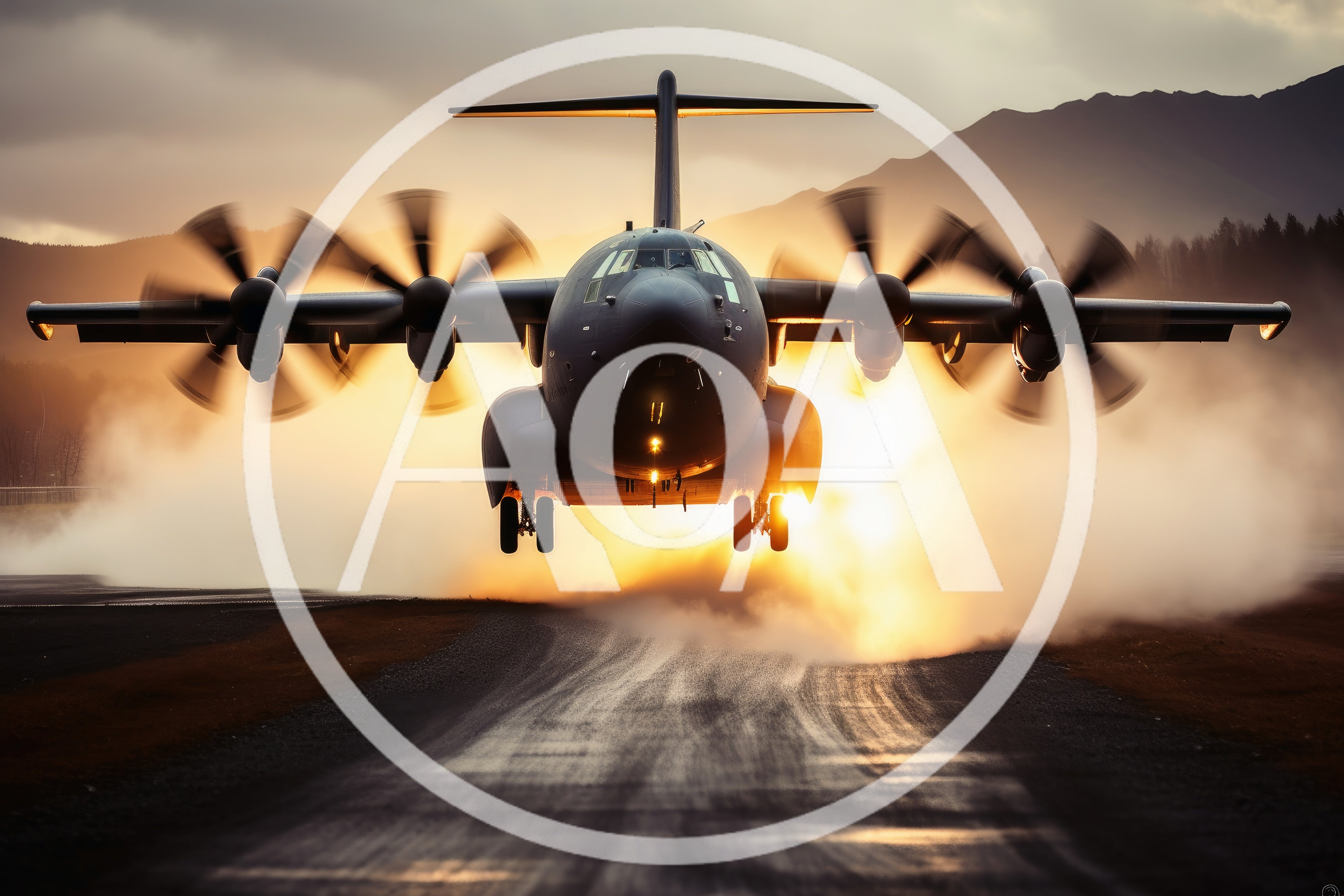 Military Transport Aircraft Taking Off At Sunset