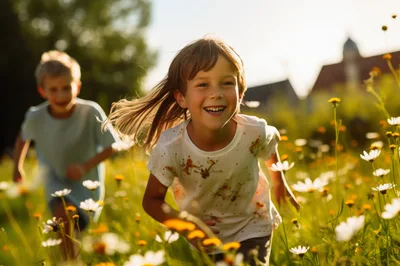 Happy Children Running Through A Sunny Wildflower Meadow