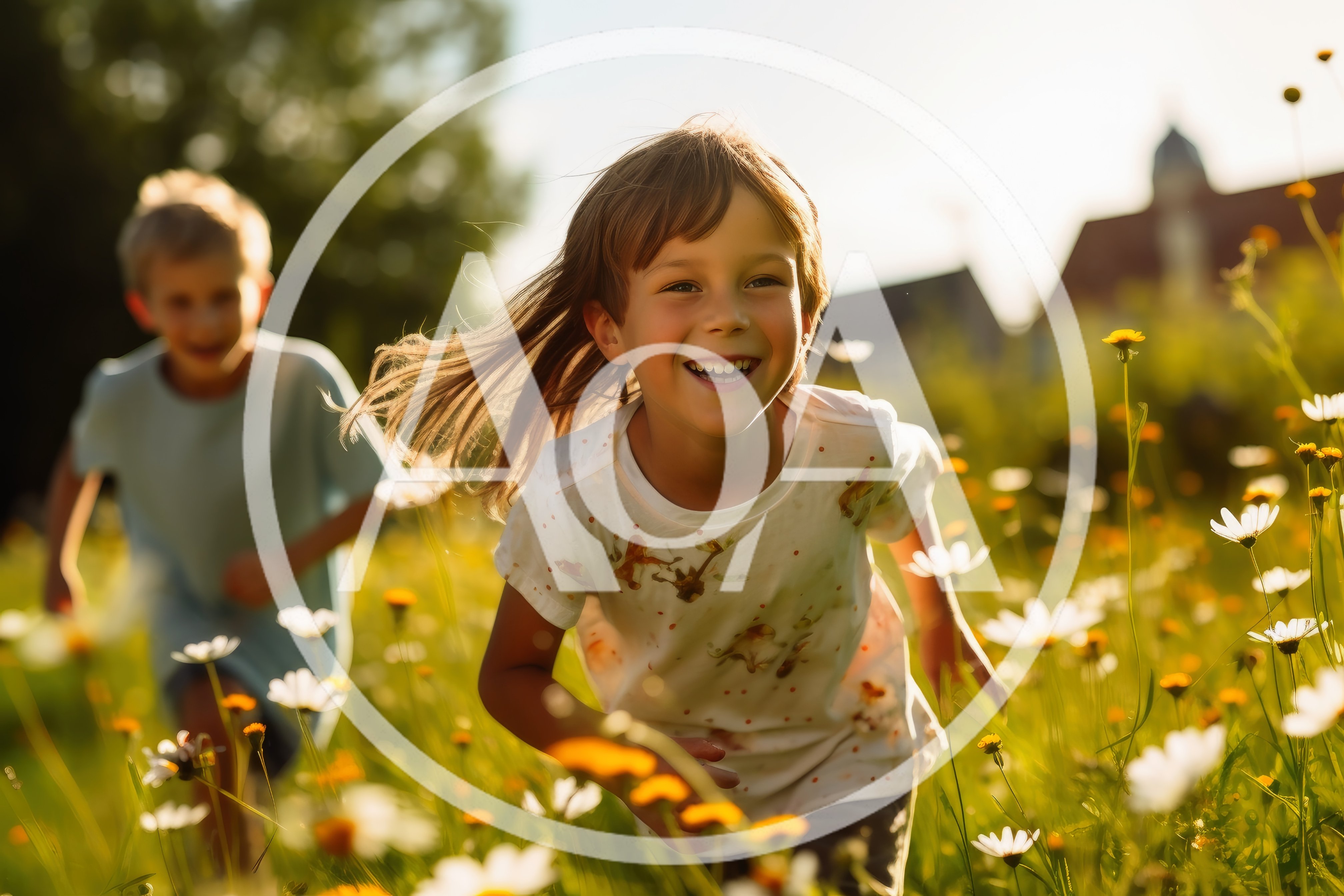 Happy Children Running Through A Sunny Wildflower Meadow
