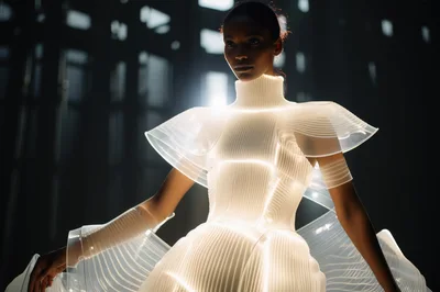 Futuristic Woman Wearing Glowing Architectural Fashion Design