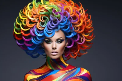 Portrait Of A Woman With Vibrant Rainbow Curly Hair