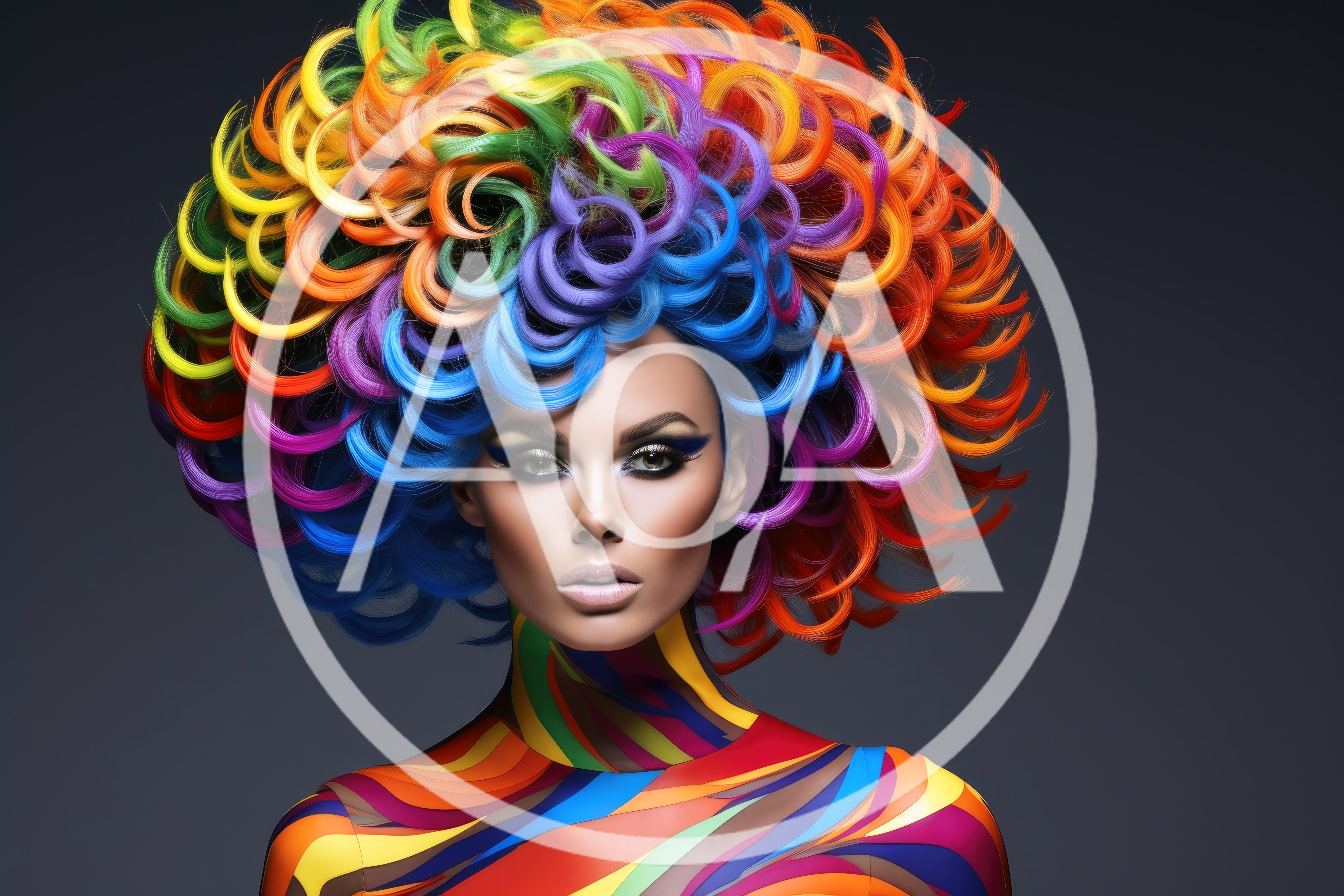 Portrait Of A Woman With Vibrant Rainbow Curly Hair