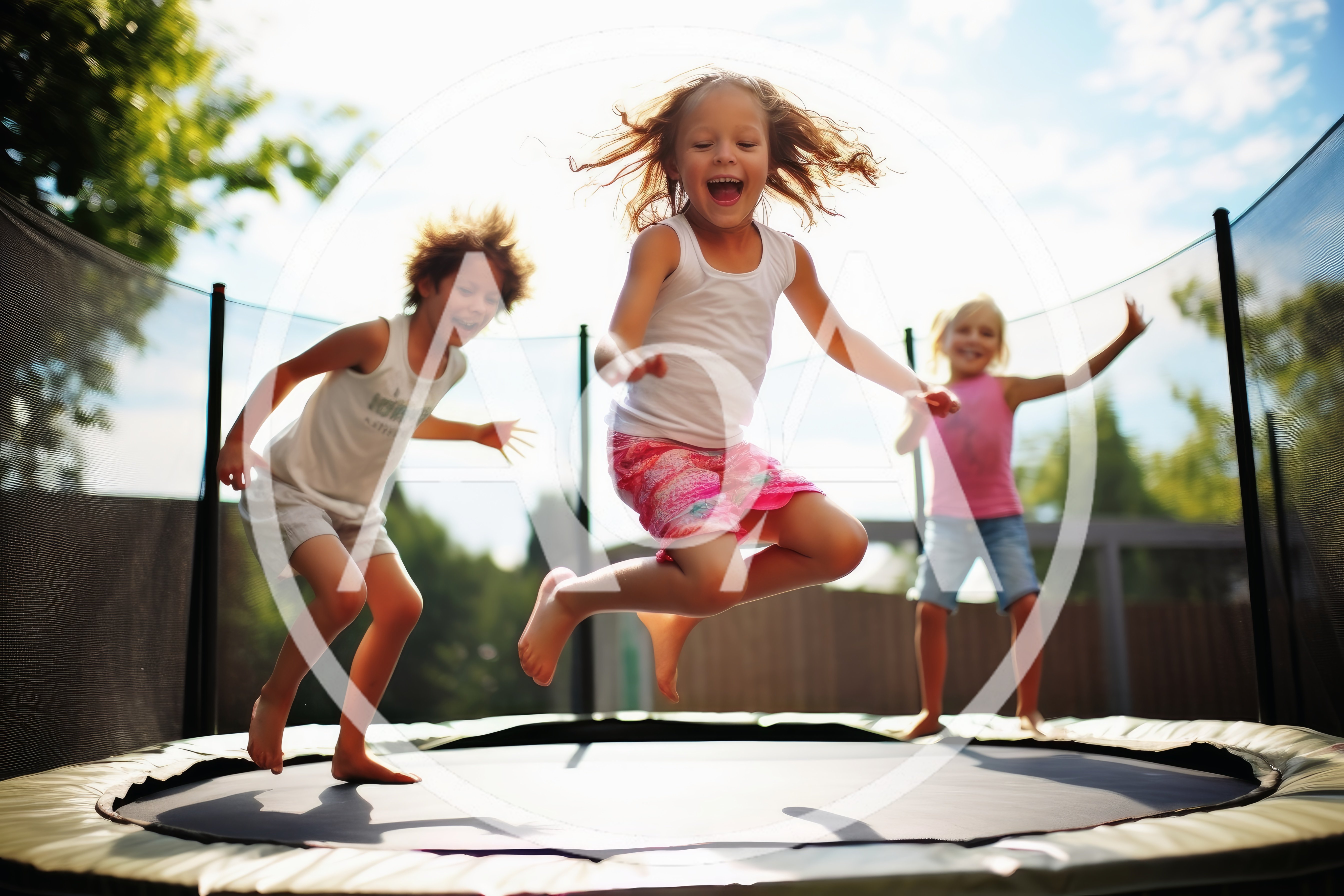 Three Happy Children Jumping Together On A Backyard Trampoline