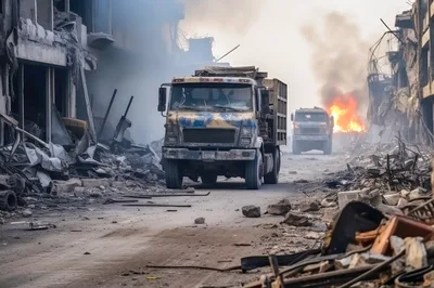 Military Trucks Driving Through War Torn City Ruins