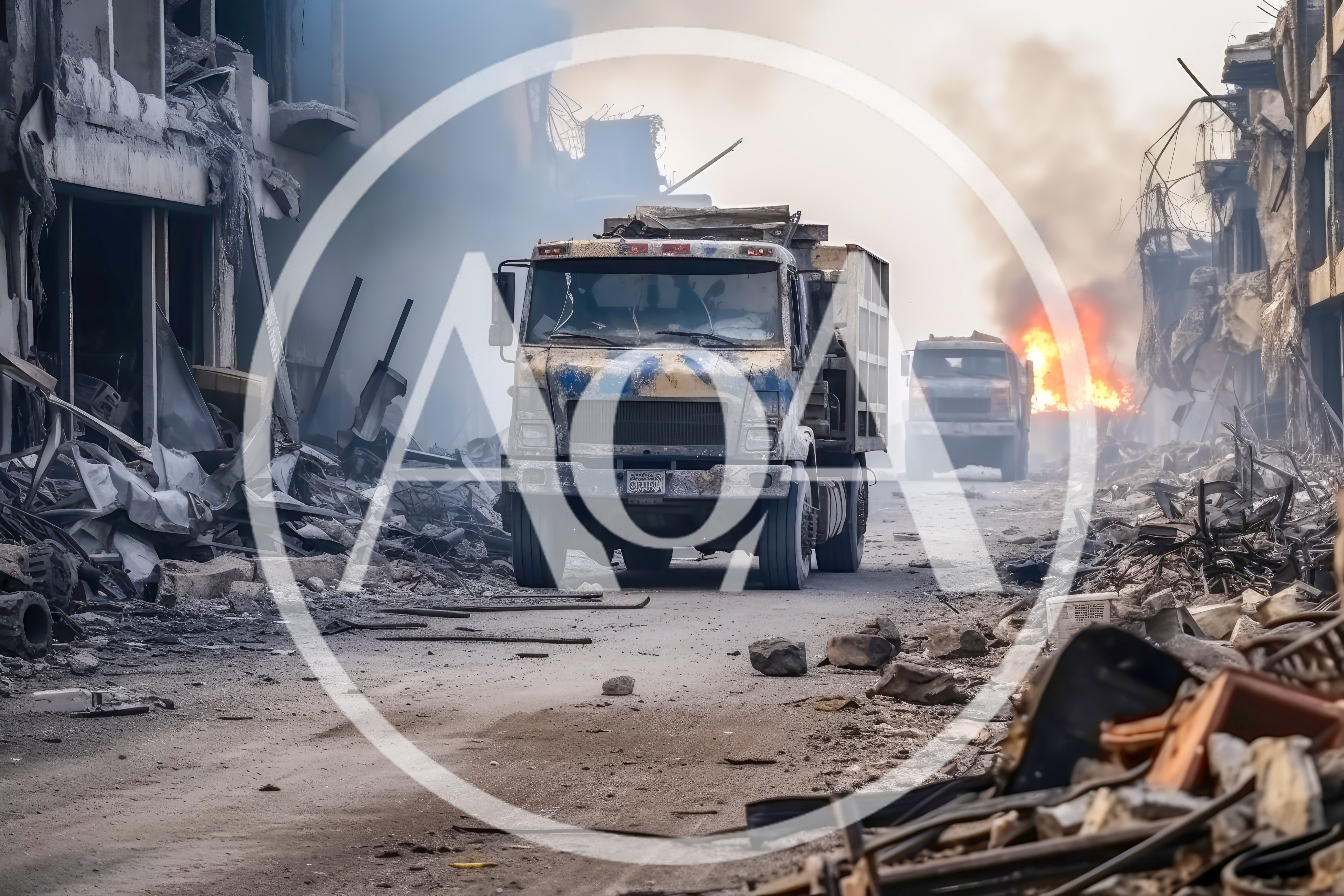 Military Trucks Driving Through War Torn City Ruins