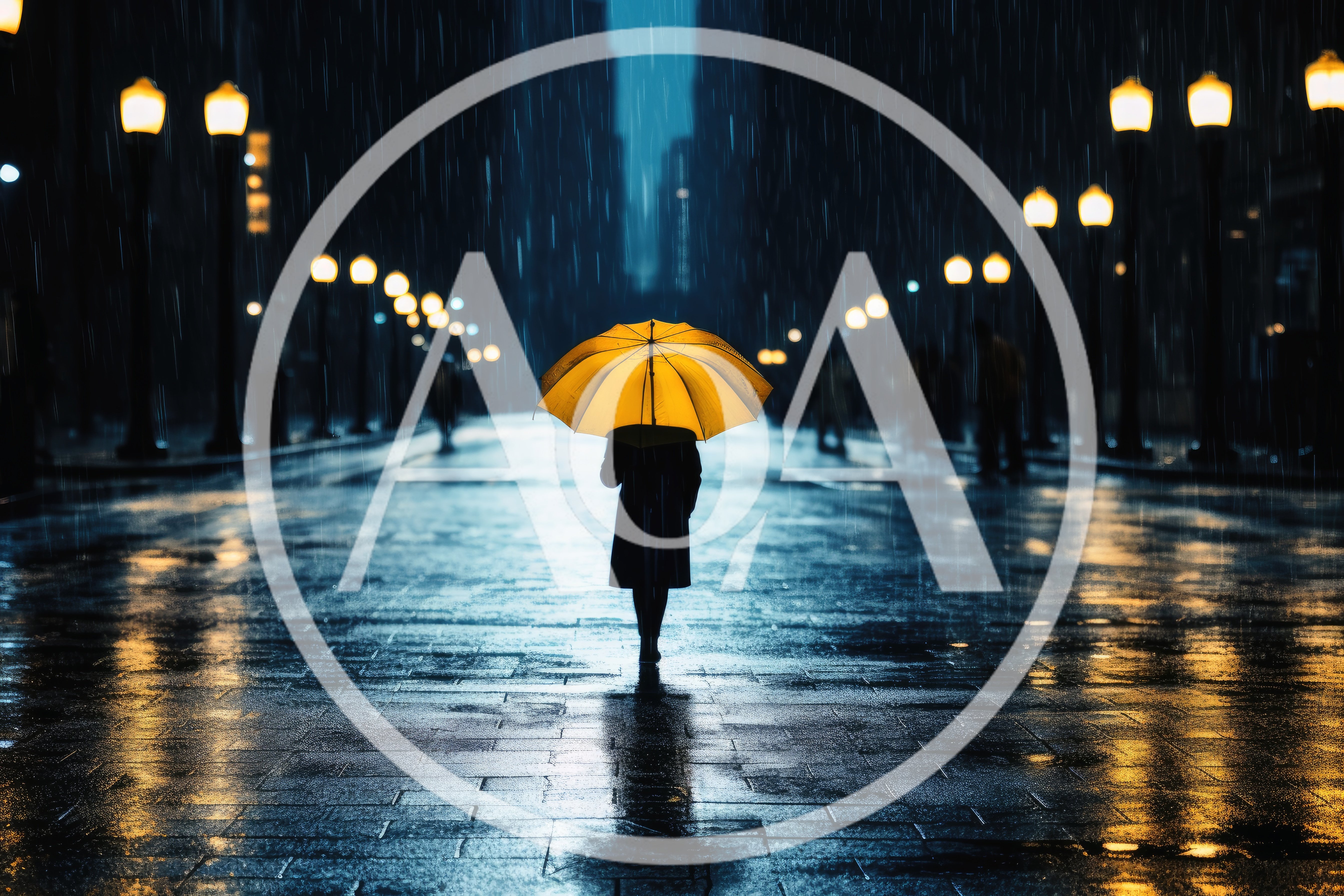 Person Walking With Yellow Umbrella In Rainy City Street