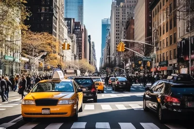 Busy New York City Street Intersection With Yellow Taxis