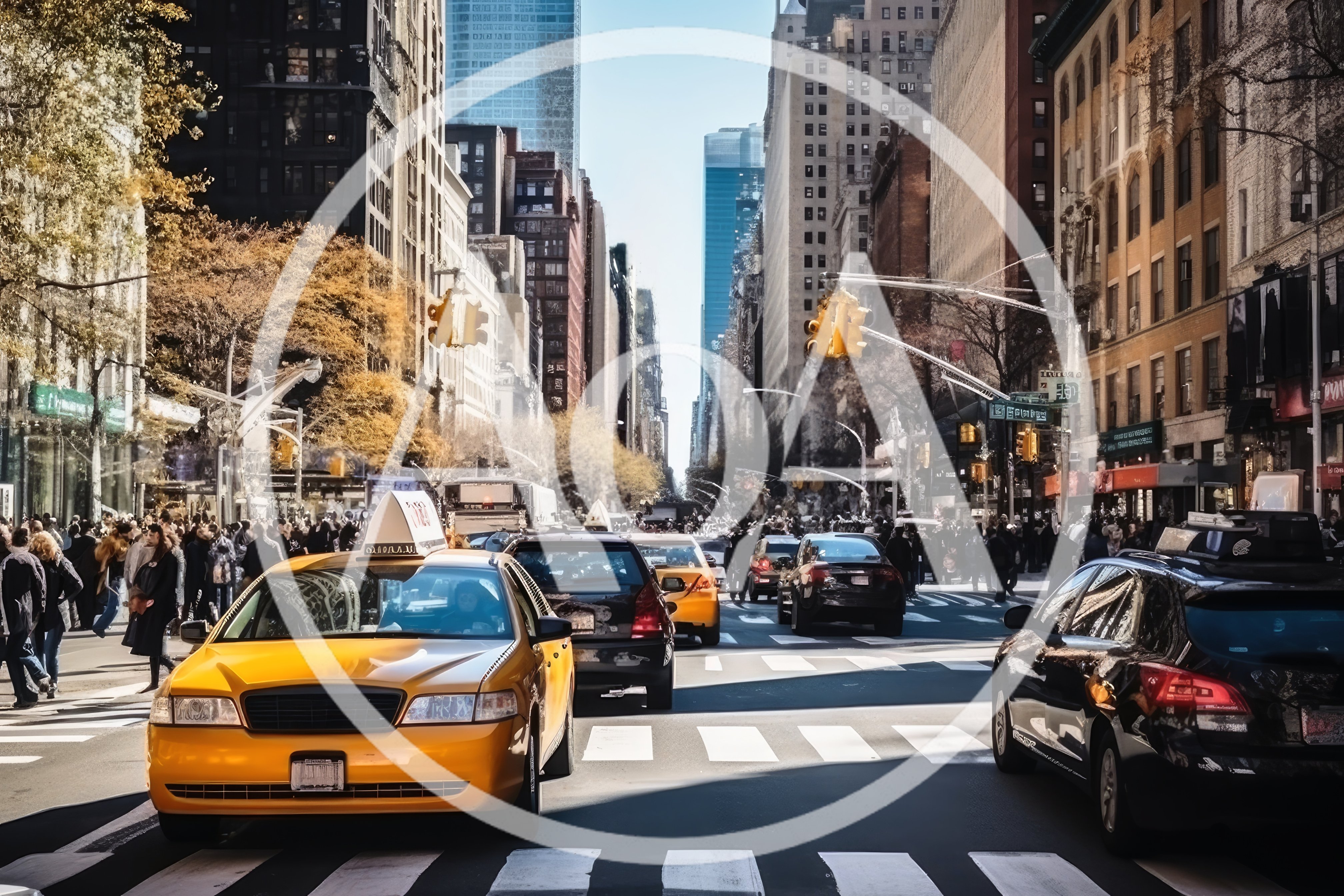 Busy New York City Street Intersection With Yellow Taxis