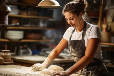 Young Baker Kneading Dough In A Rustic Kitchen