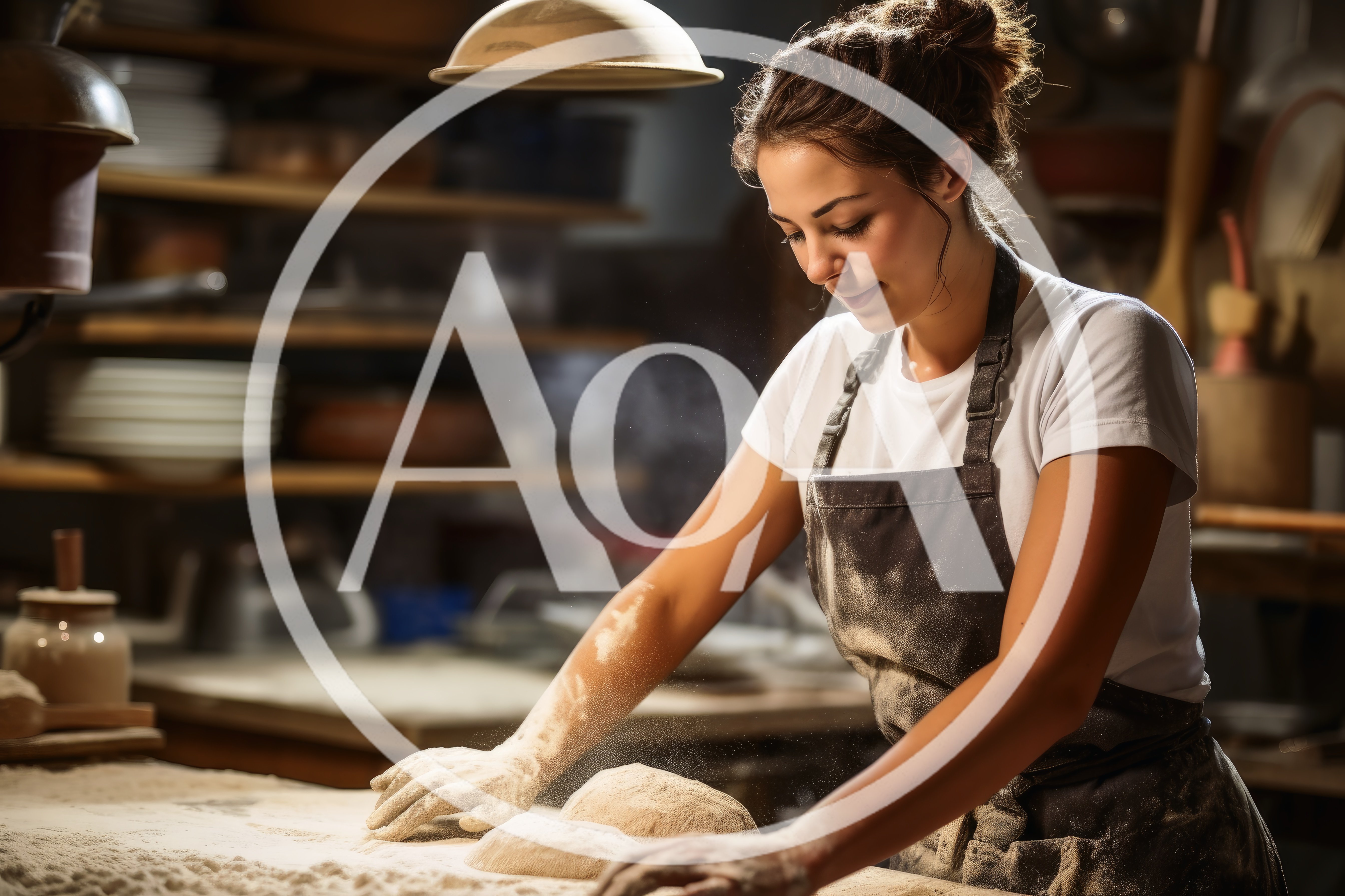 Young Baker Kneading Dough In A Rustic Kitchen
