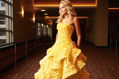 Blonde Woman Wearing A Unique Popcorn Texture Dress