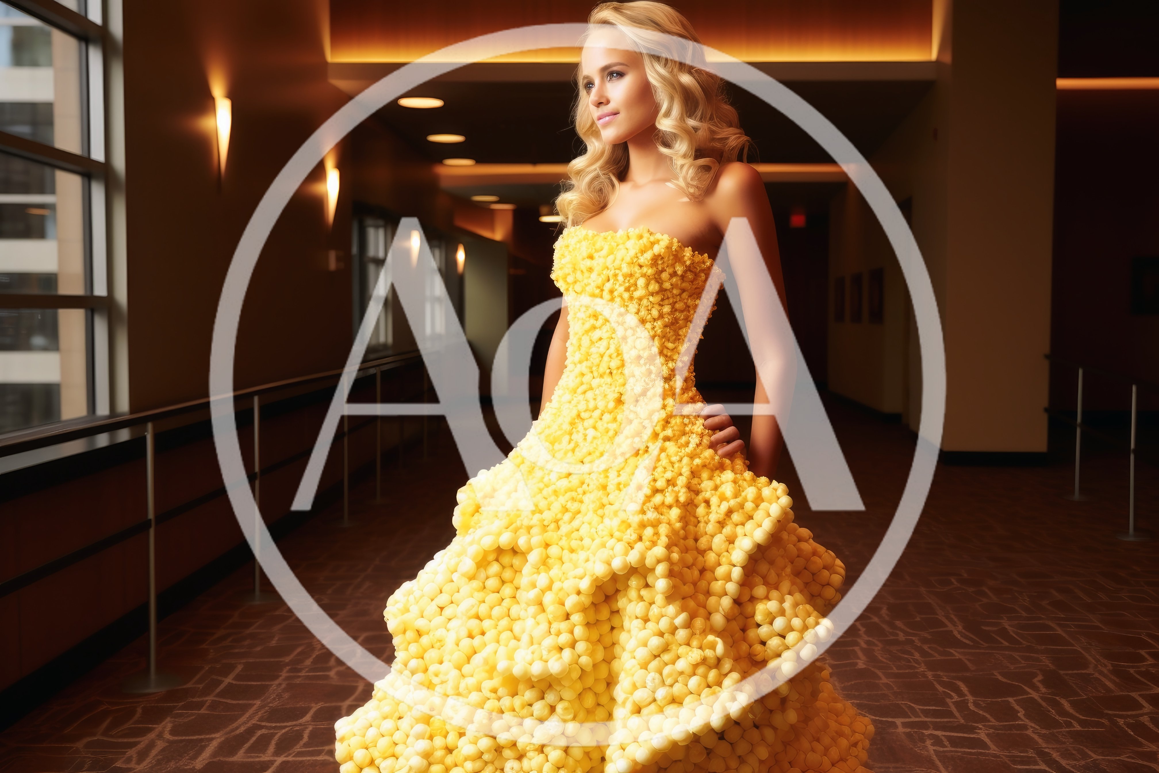 Blonde Woman Wearing A Unique Popcorn Texture Dress