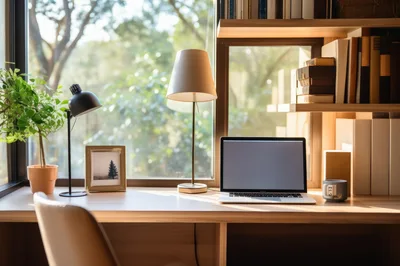 Modern Home Office Desk With Laptop And Bookshelf