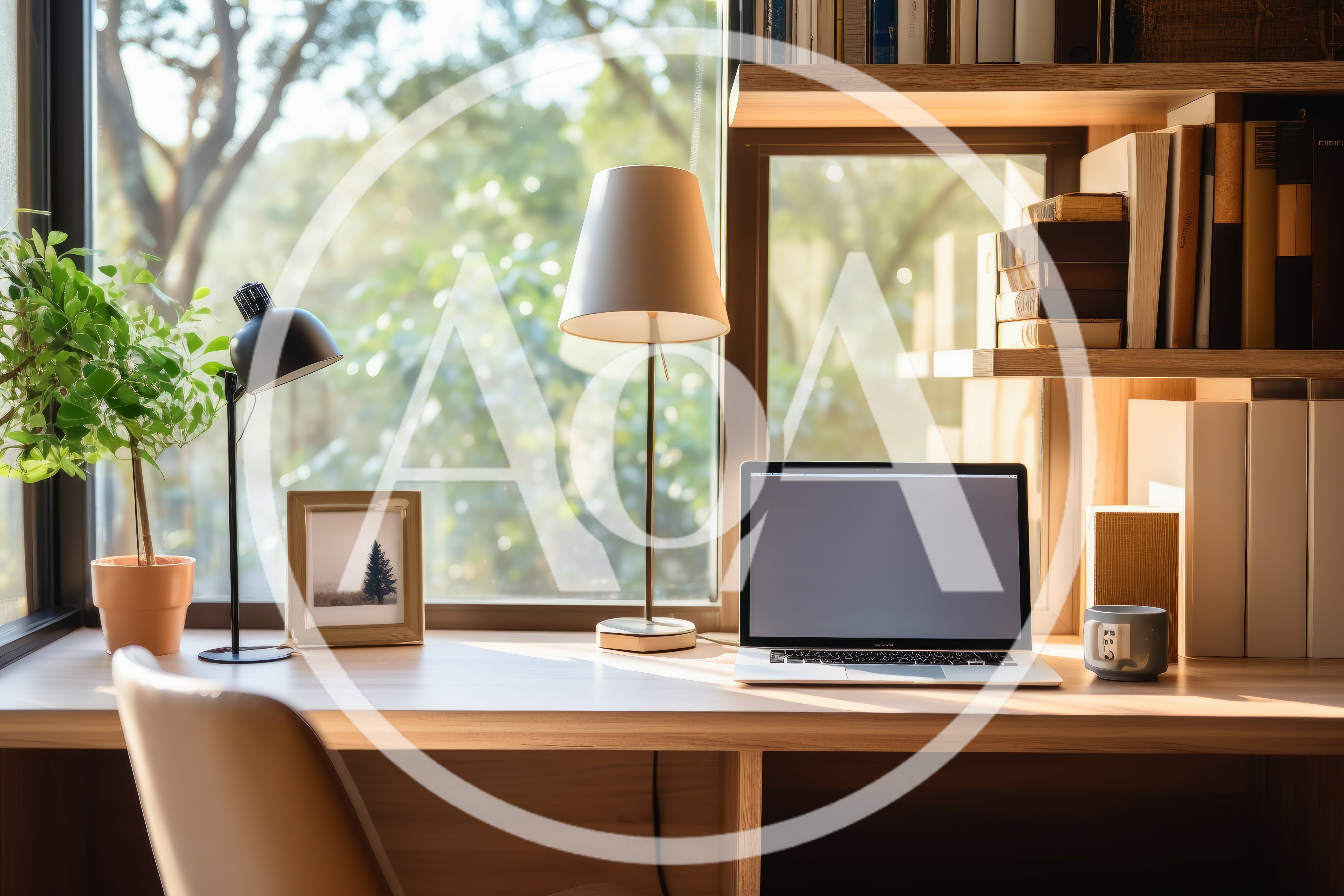 Modern Home Office Desk With Laptop And Bookshelf