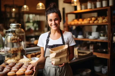 Smiling Female Baker Holding Paper Bag In Bakery