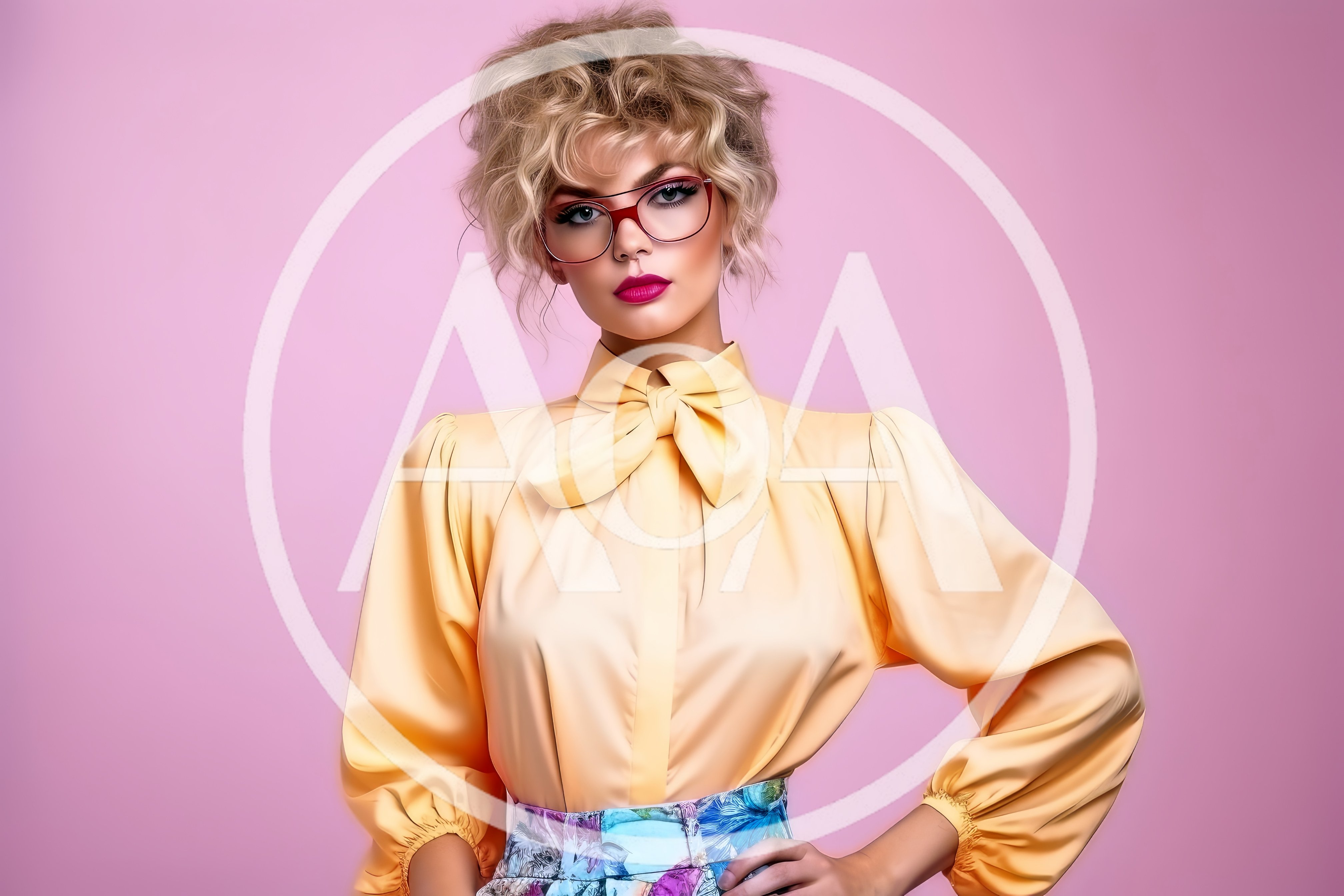 Stylish Blonde Woman Wearing Yellow Blouse and Glasses