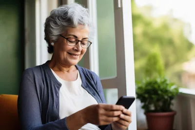 Senior Woman Using Smartphone Near Window