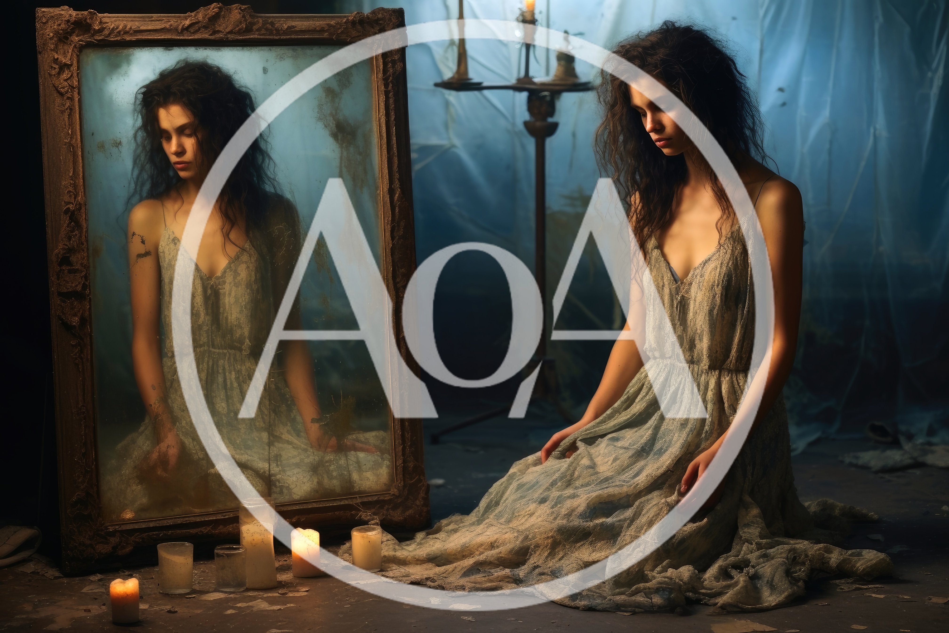 Melancholic Woman Sitting Before An Antique Mirror