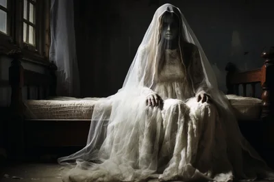 Ghostly Bride Sitting On A Bed In Dark Room