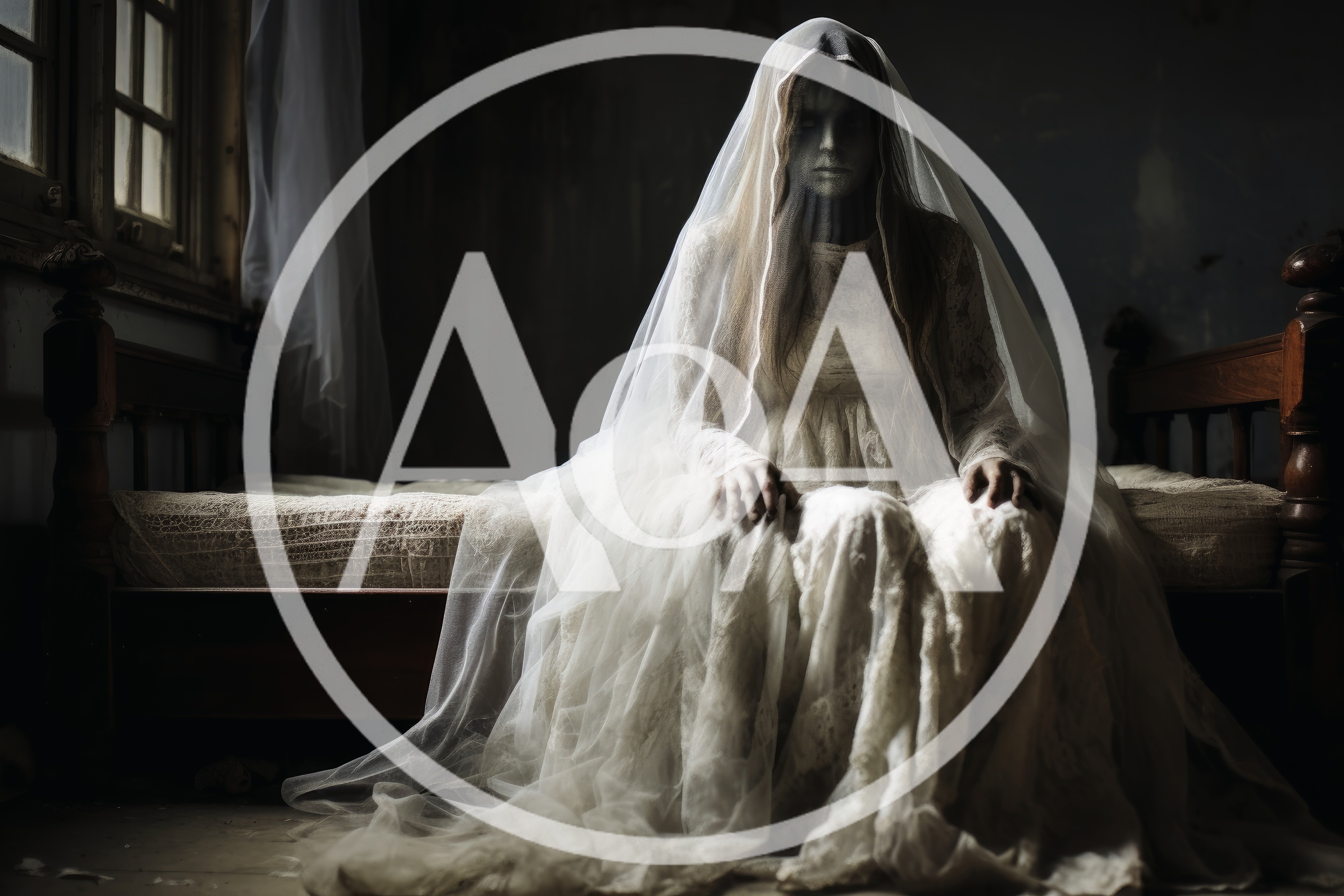 Ghostly Bride Sitting On A Bed In Dark Room