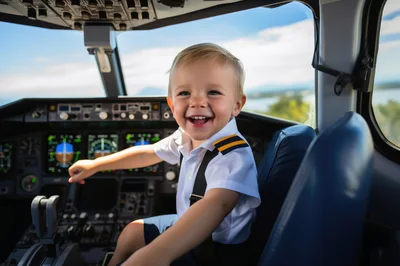 Toddler Boy Pretending To Be A Pilot In Cockpit