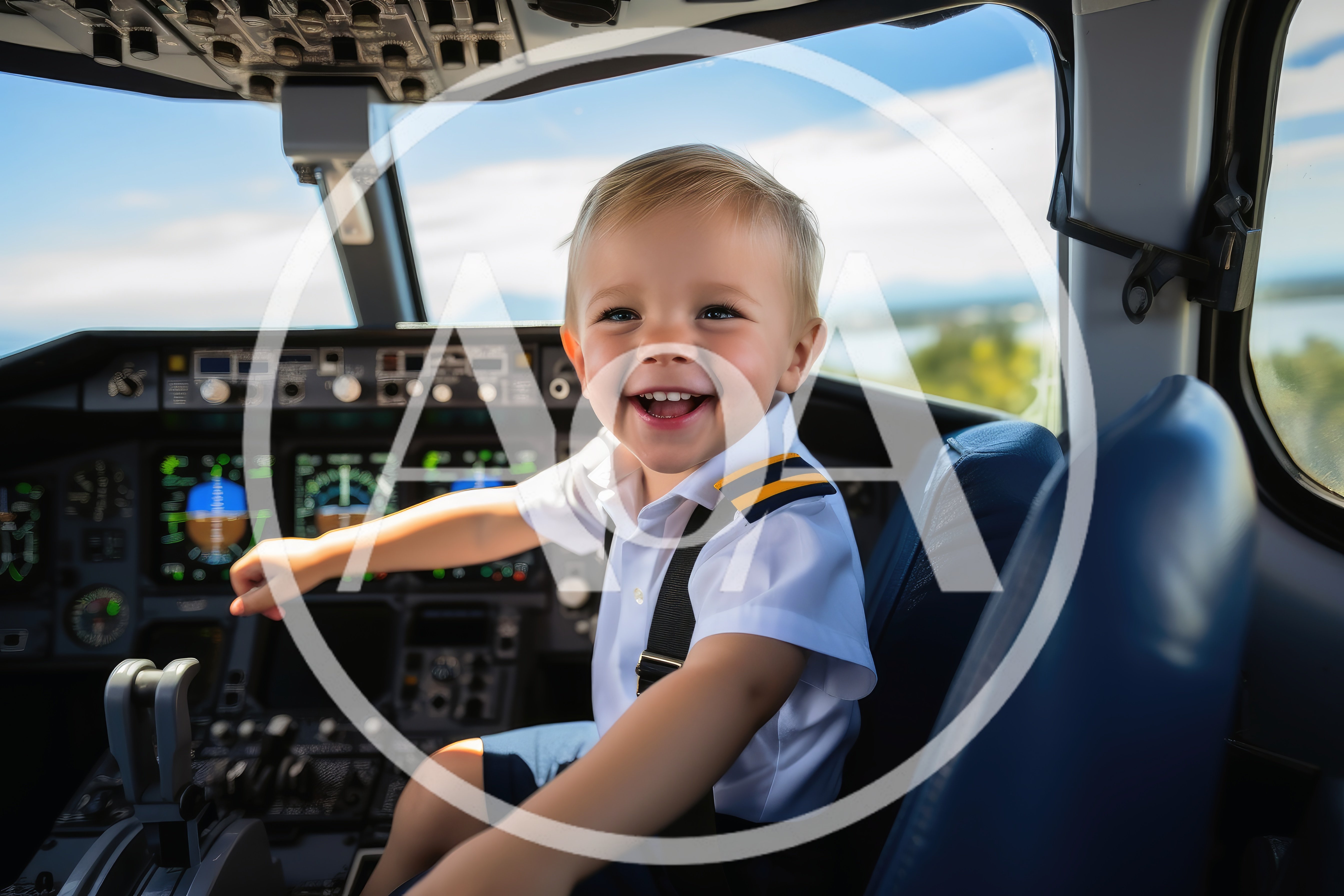 Toddler Boy Pretending To Be A Pilot In Cockpit