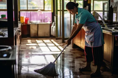 Asian Woman Sweeping Kitchen Floor In Sunlight