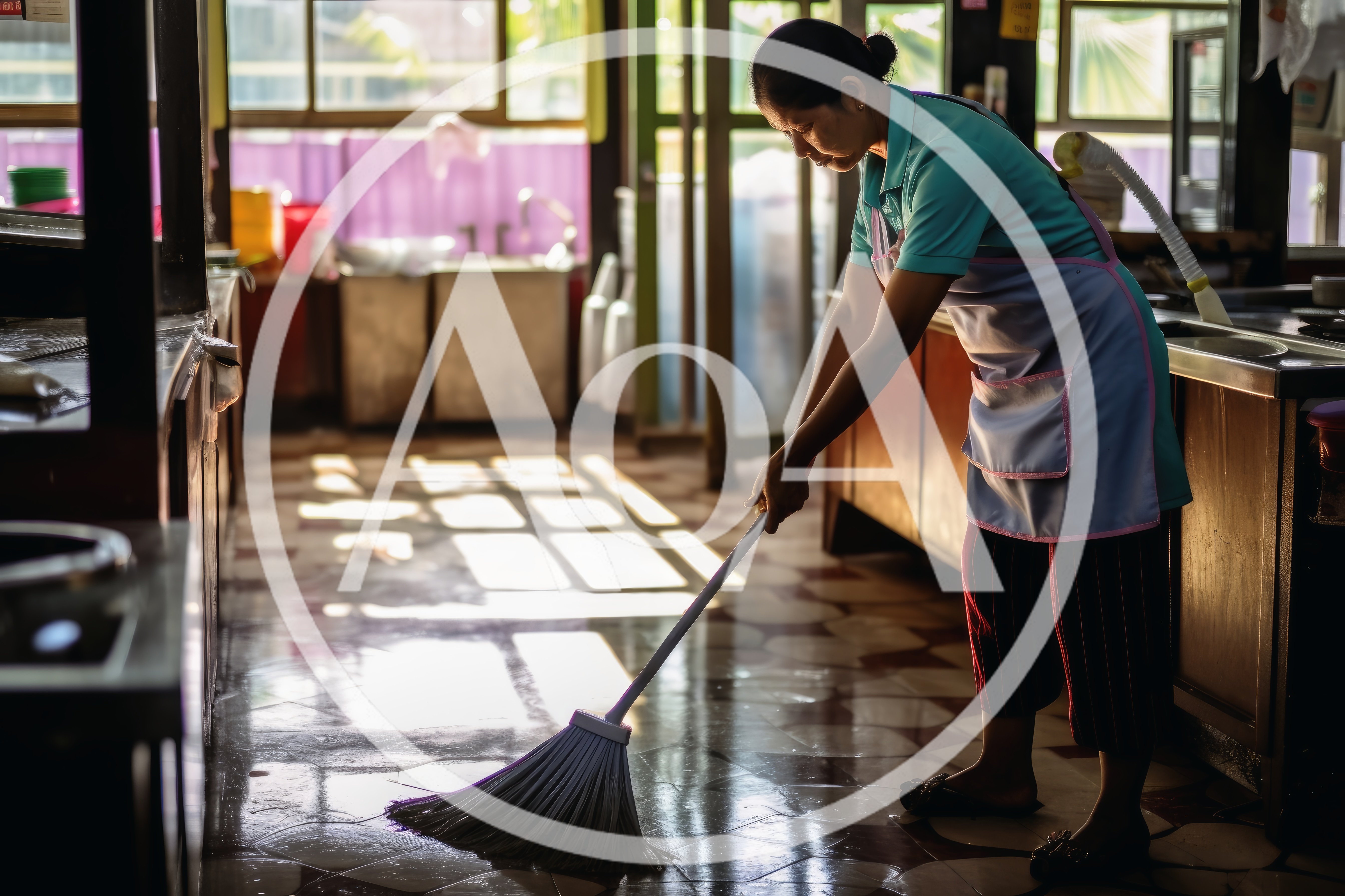 Asian Woman Sweeping Kitchen Floor In Sunlight