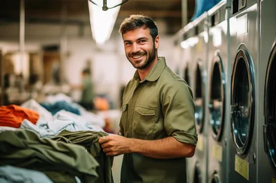 Smiling Male Laundry Worker Sorting Clothes in Commercial Facility