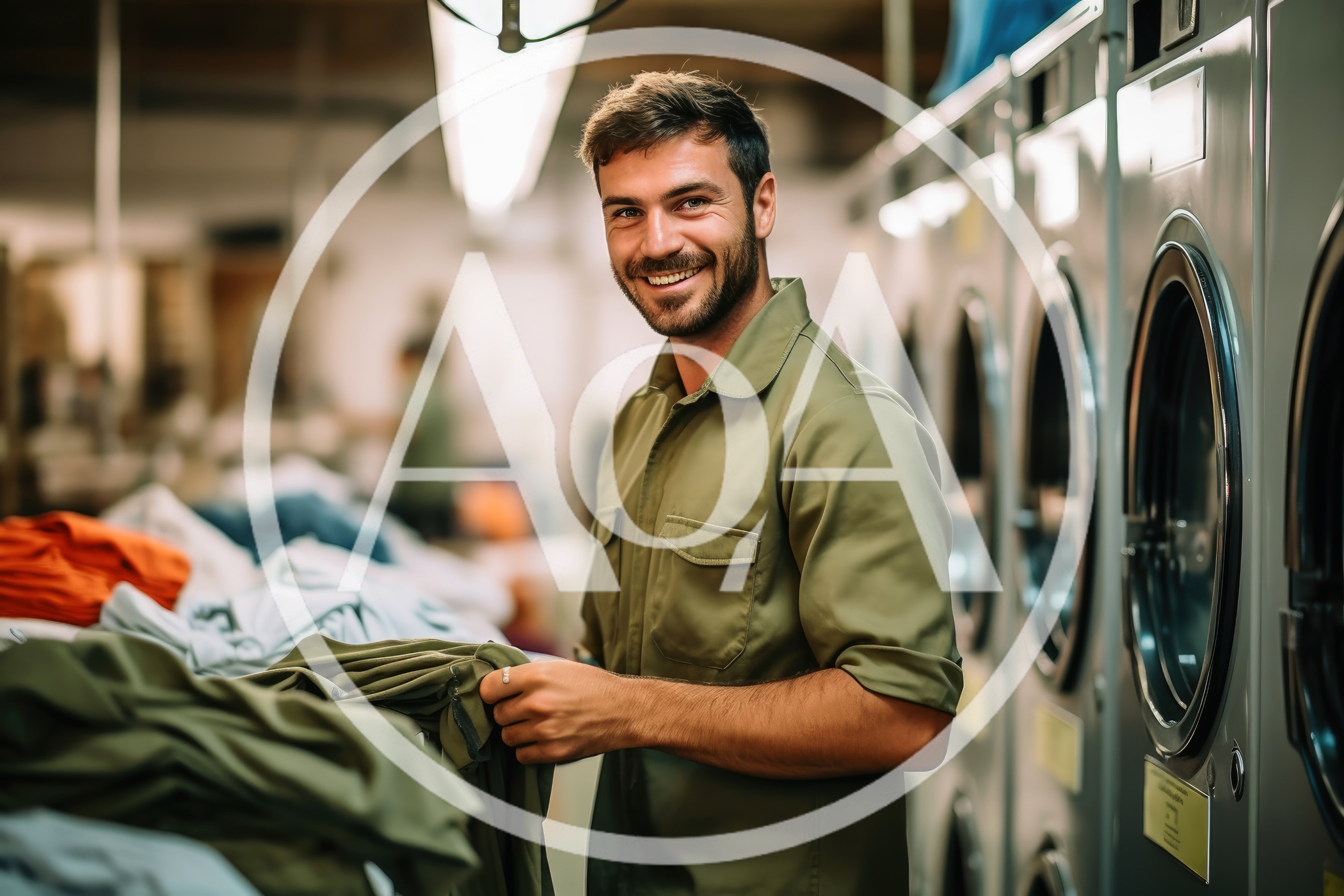Smiling Male Laundry Worker Sorting Clothes in Commercial Facility