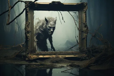 Eerie Werewolf Emerging From An Antique Ornate Mirror