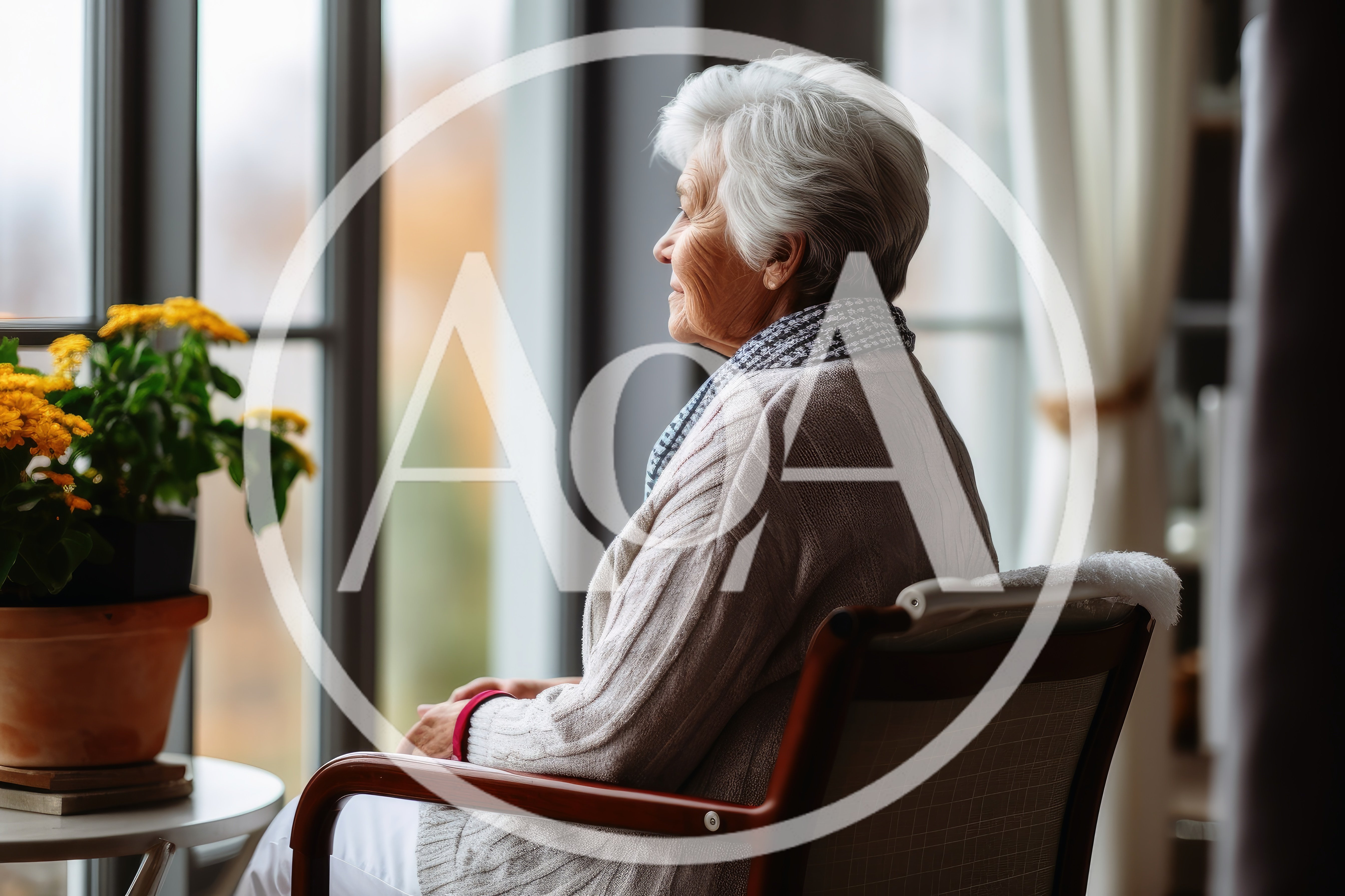 Elderly Woman Sitting By Window Looking Outside