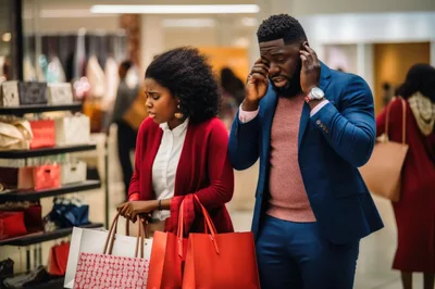 Stressed Couple Shopping Together In A Luxury Mall