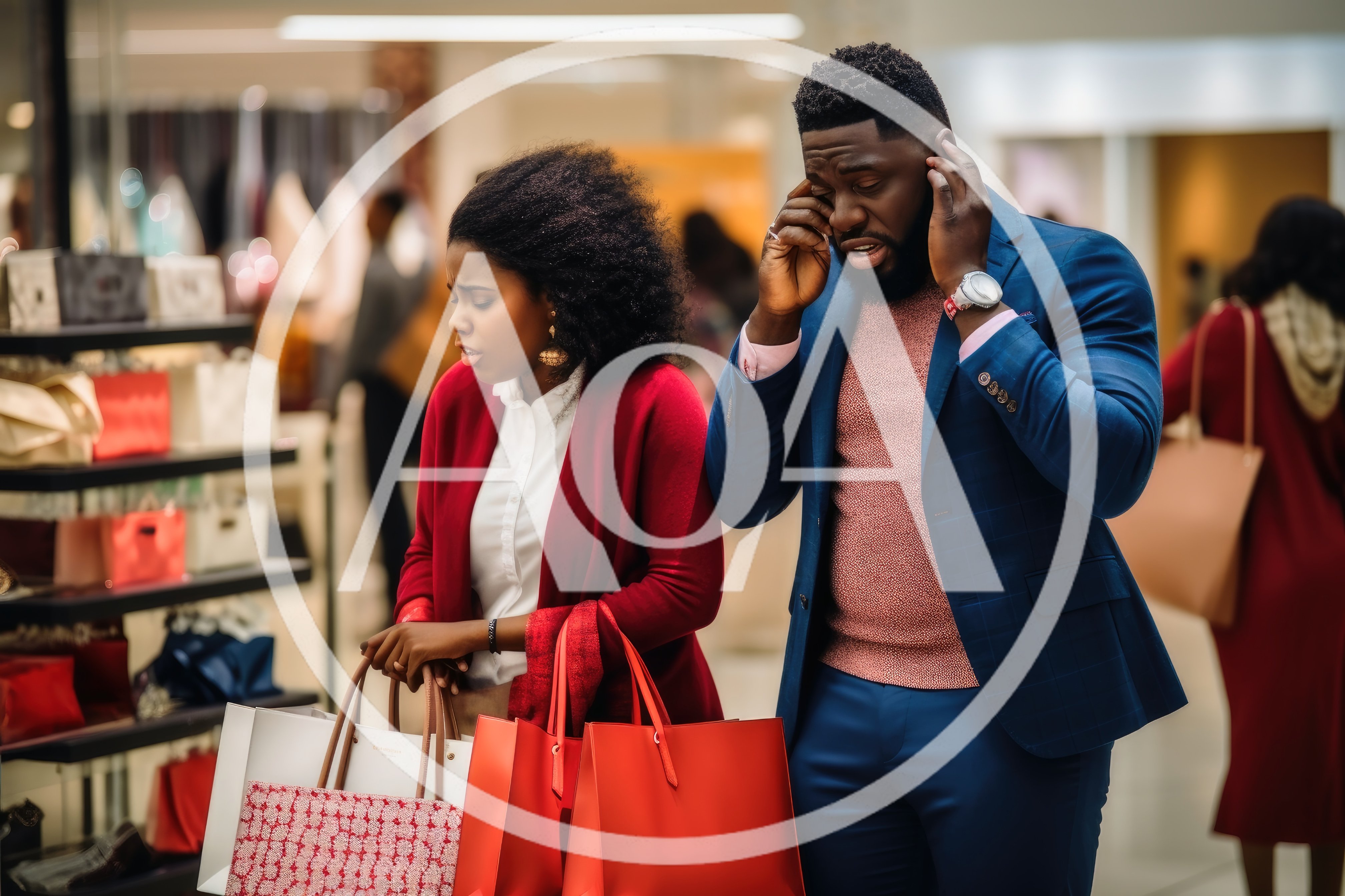 Stressed Couple Shopping Together In A Luxury Mall