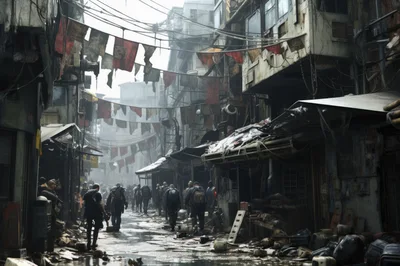 Post-Apocalyptic Street Scene With Survivors In Ruined City