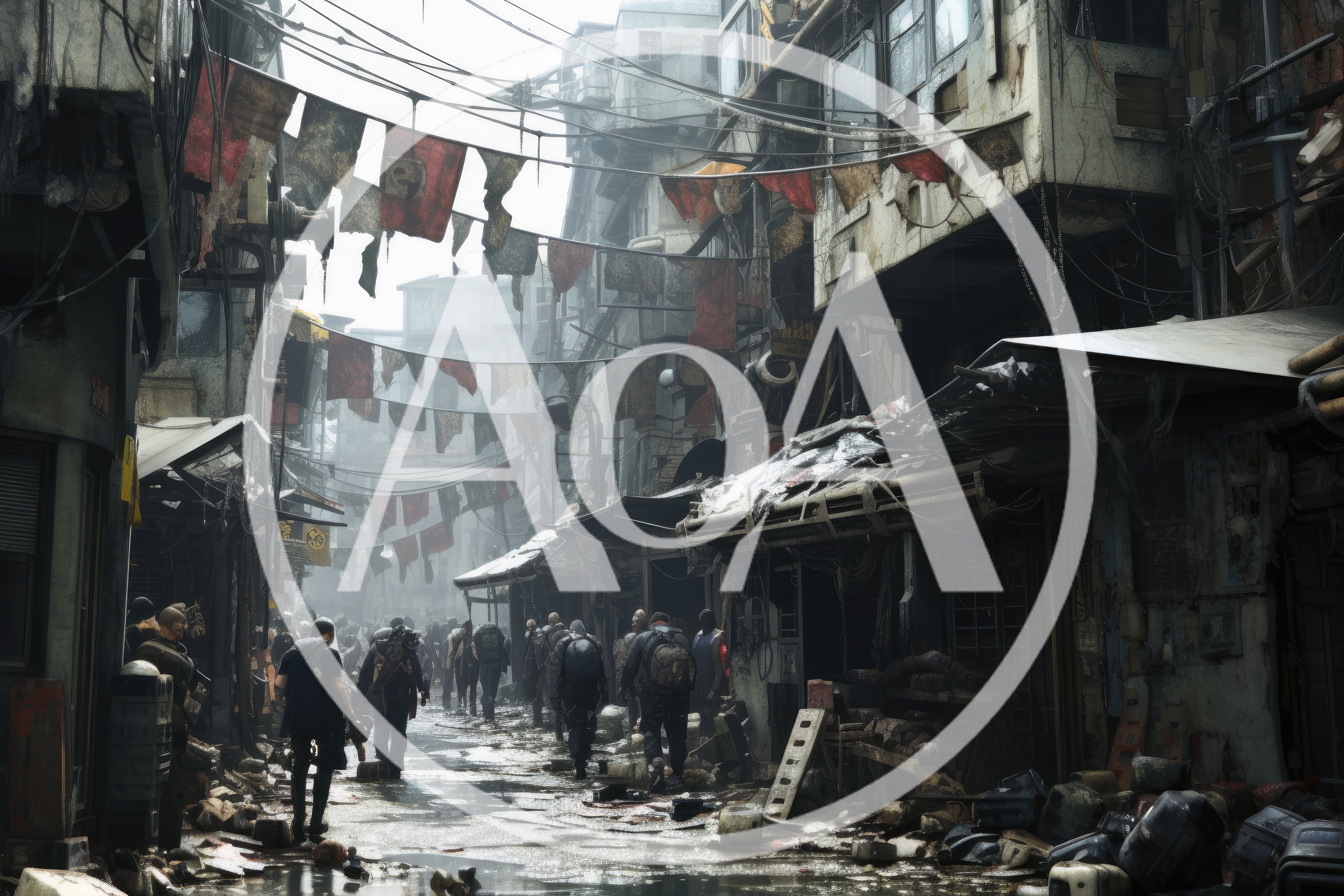 Post-Apocalyptic Street Scene With Survivors In Ruined City