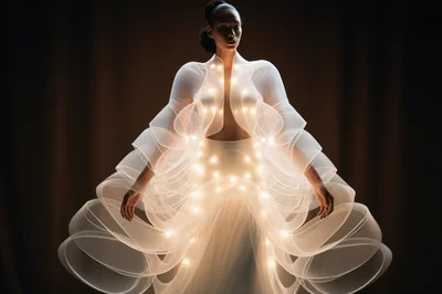 Futuristic Woman Wearing Glowing Lighted Couture Dress
