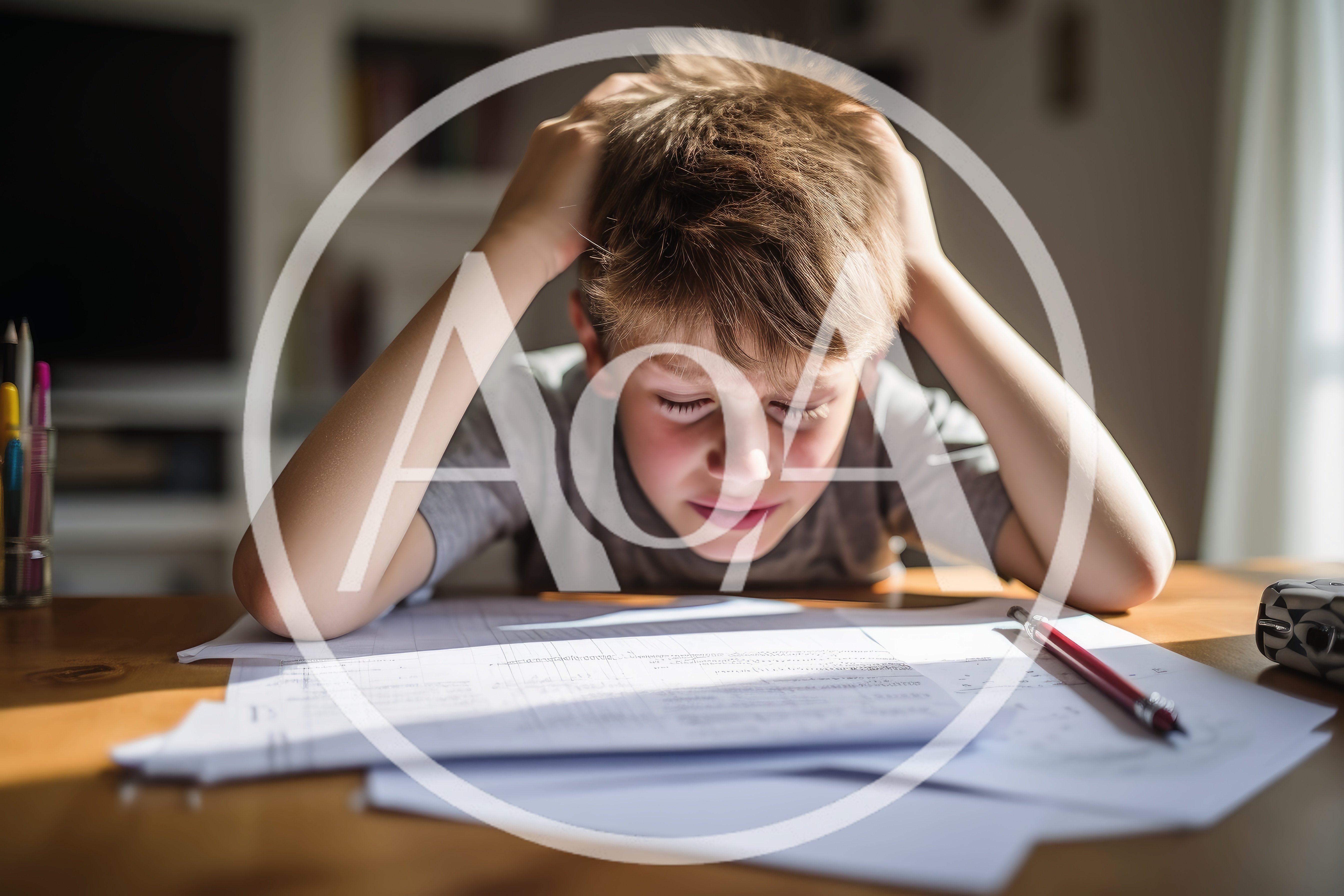 Stressed Young Boy Struggling With School Homework